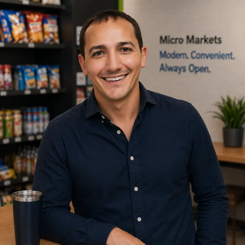 Avromi Russell, founder of VendingChicago, in front of a micro-market