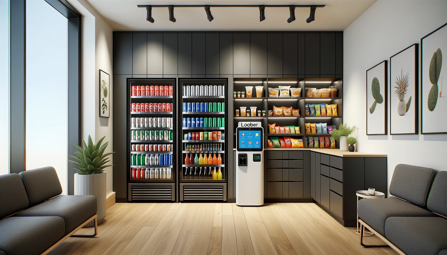 Modern self-serve micro-market in a bright corporate office break room