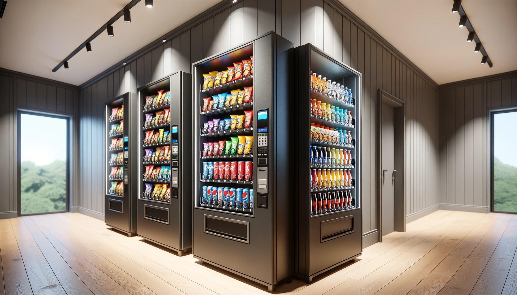 Modern vending machines in a clean corporate office break room